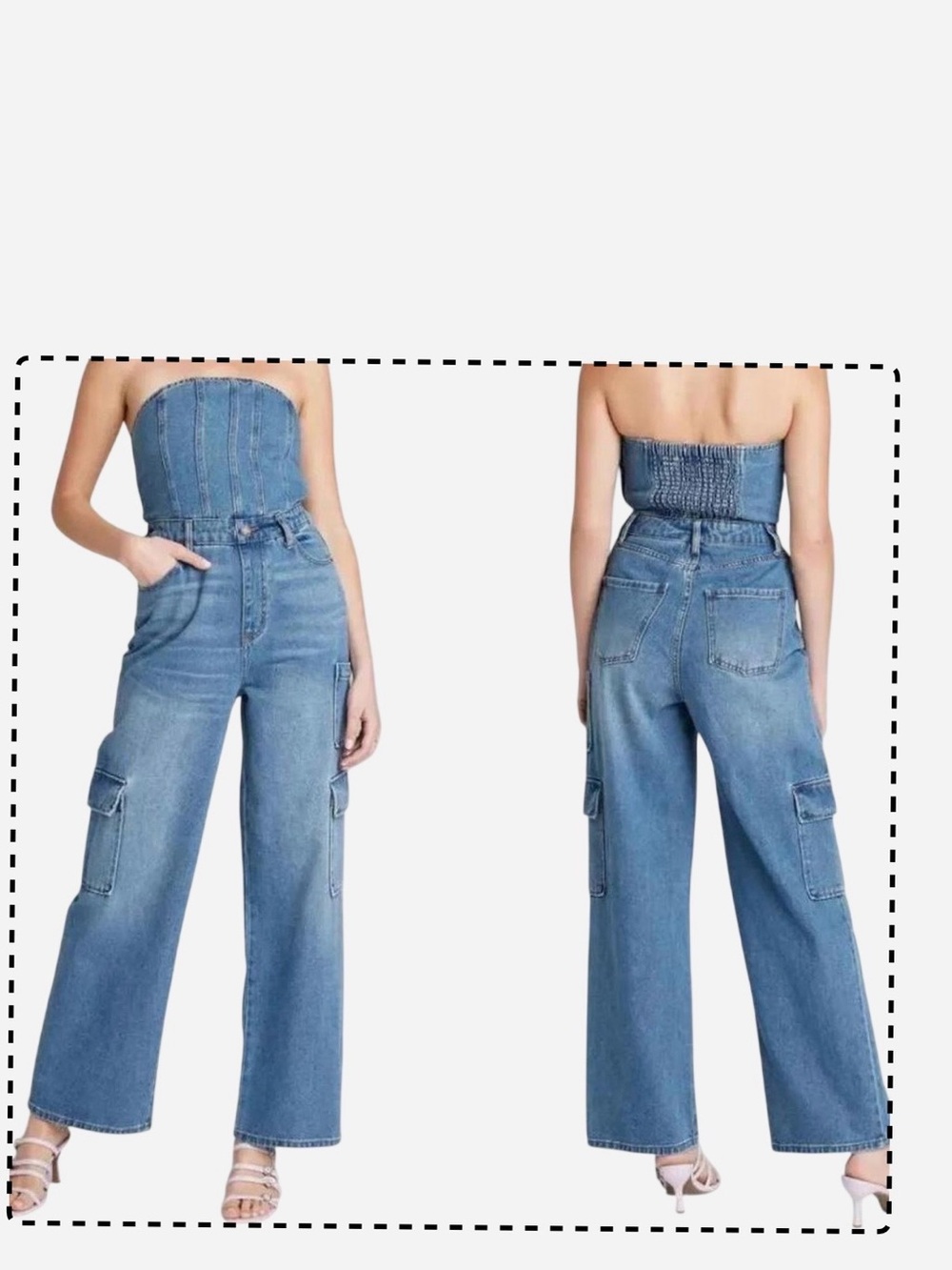 wild fable Light Blue Denim Strapless Wide-Leg Cargo Jumpsuit